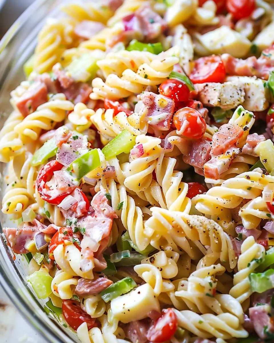 Italian Grinder Pasta Salad with Turkey Bacon and Chicken Ham Delight