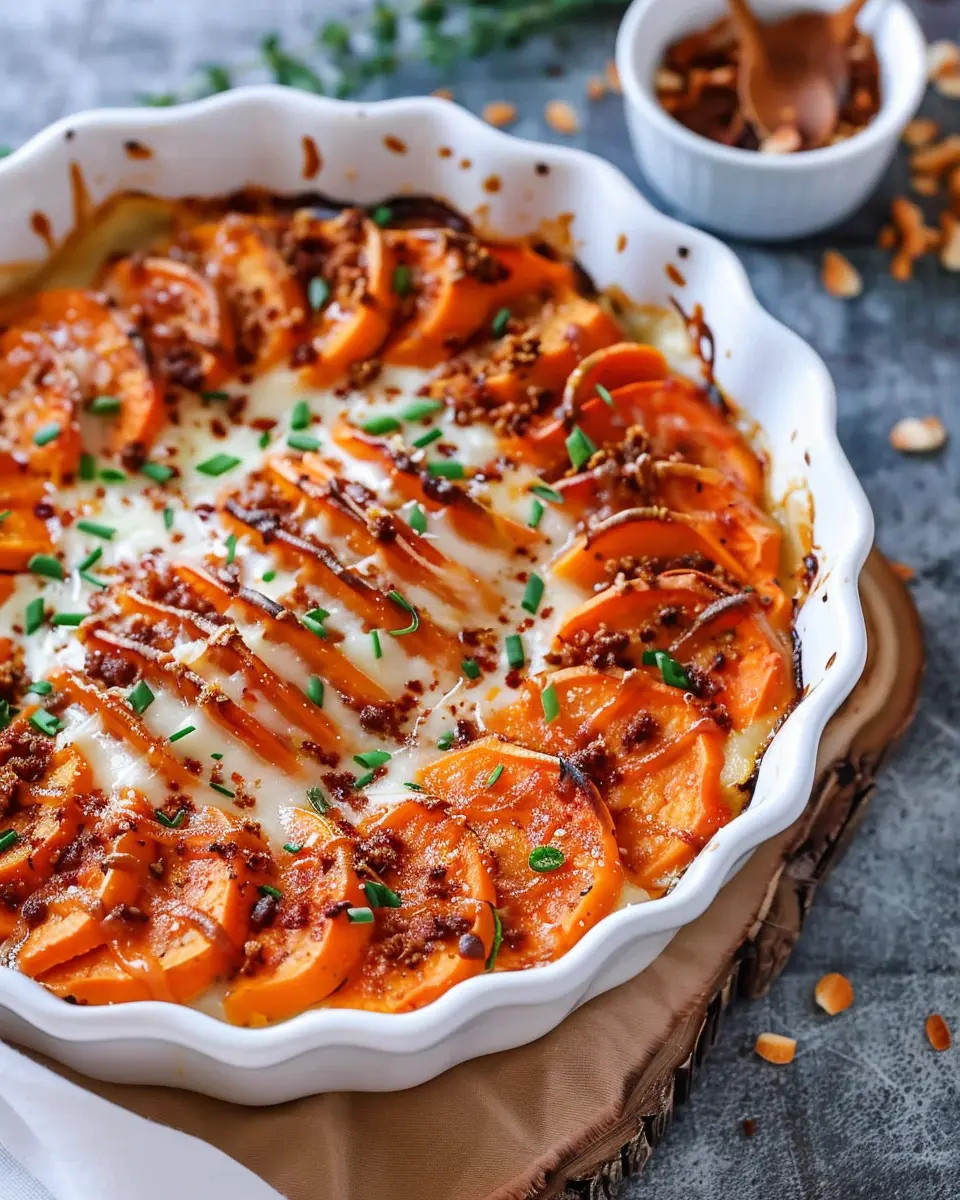 Best Scalloped Sweet Potatoes with Turkey Bacon and Chicken Ham