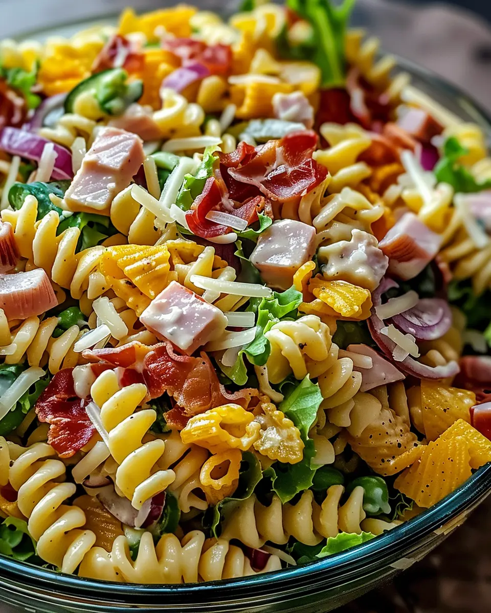 Club Sandwich Pasta Salad with Turkey Bacon and Chicken Ham Delight