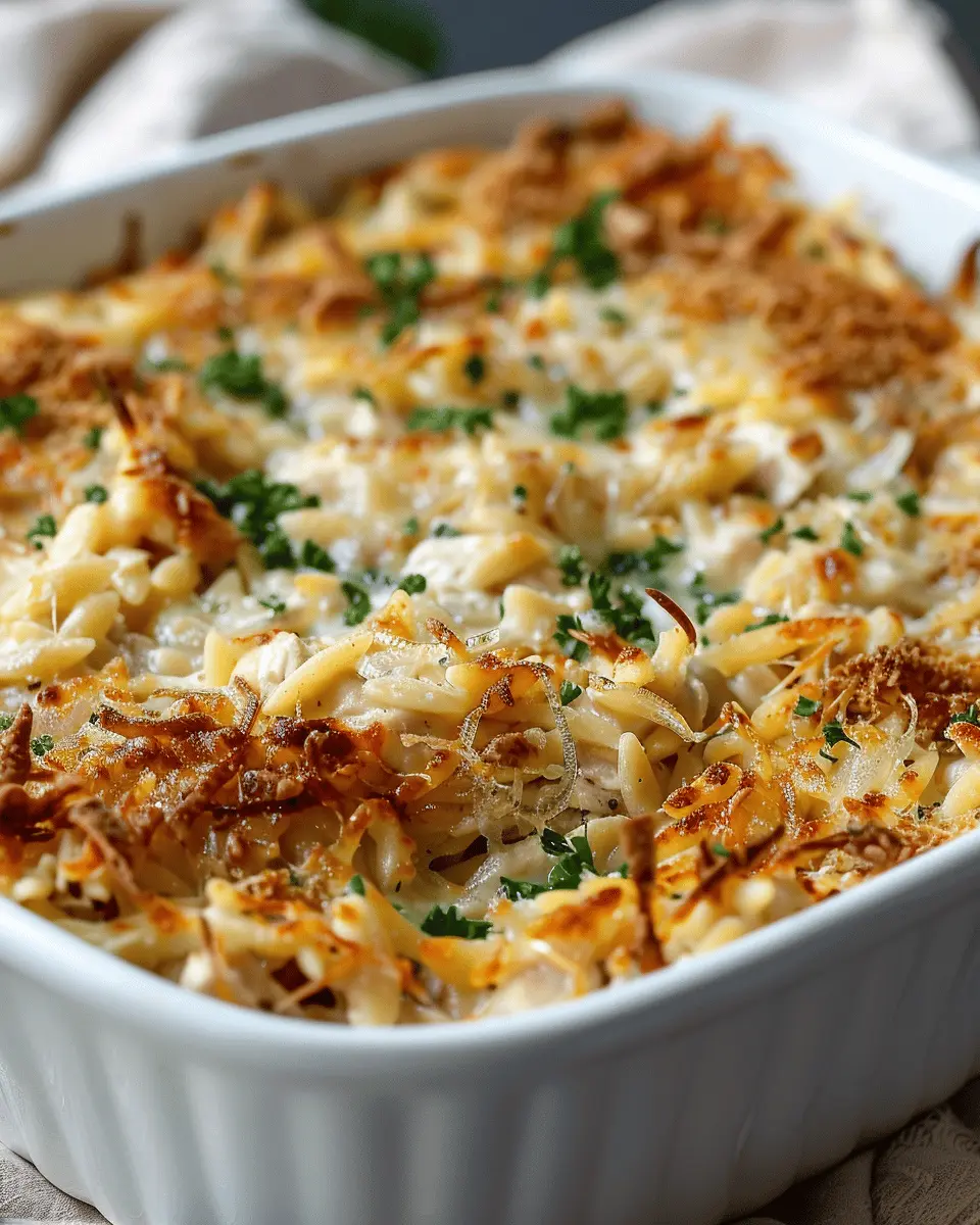 French Onion Chicken Orzo Casserole with Turkey Bacon Delight