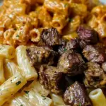 Cajun Steak Tips in Cheesy Rigatoni Parmesan Sauce